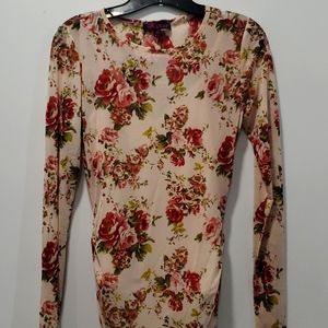 Biege Floral Long Sleeve Inner Body Suit Dress